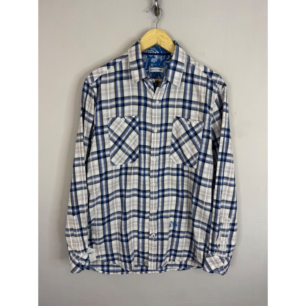 John Lennon Mens Blue Plaid Button Down Shirt Long Sleeve Cotton Large L 16.5/17